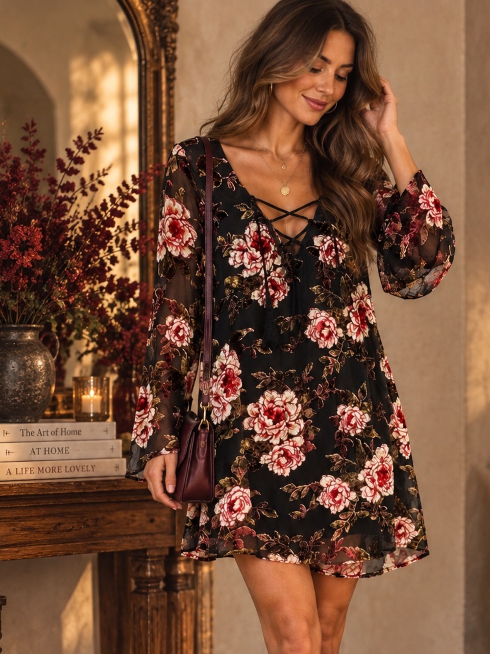 Cupcakes & Cashmere Valda Velvet Burnout Floral Lace Up Dress Size S